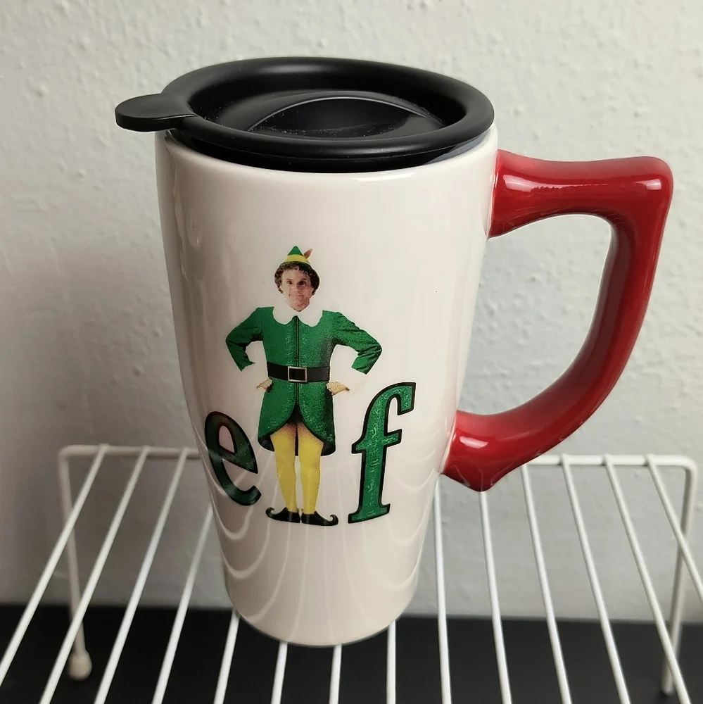 Christmas Spoontiques Elf Travel Mug W/ Lid Ceramic 18oz Buddy The Elf White/Red